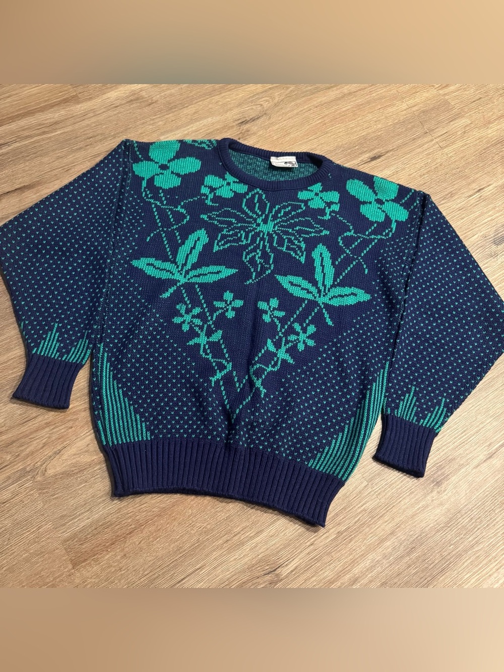 Vintage Navy Crewneck Sweater with Teal Floral Jacquard